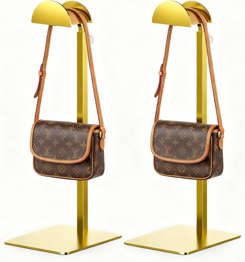 TIPSYTREE 2 Pack Purse Display Stand, Adjustable Height 14.27"–24" Handbag Stand Stainless Steel with Wood Hook for Closet, Vanity & Retail Display – Gold - Image 1